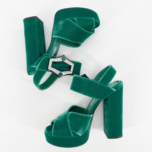 Prada Green Velvet Crystal Strappy Chunky Block Heel Platform Sandal size IT 36 - Picture 4 of 11